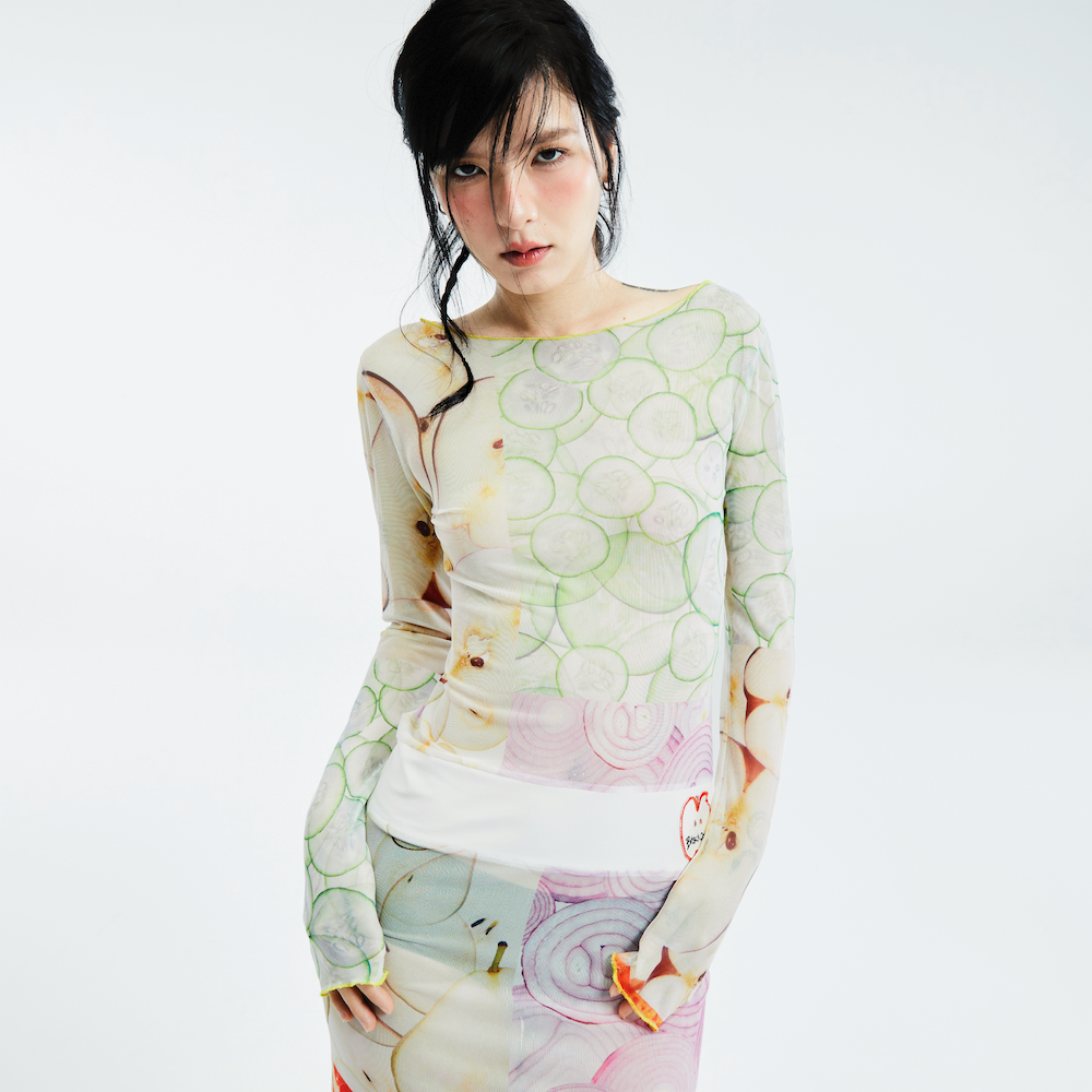 printed mesh midi dress